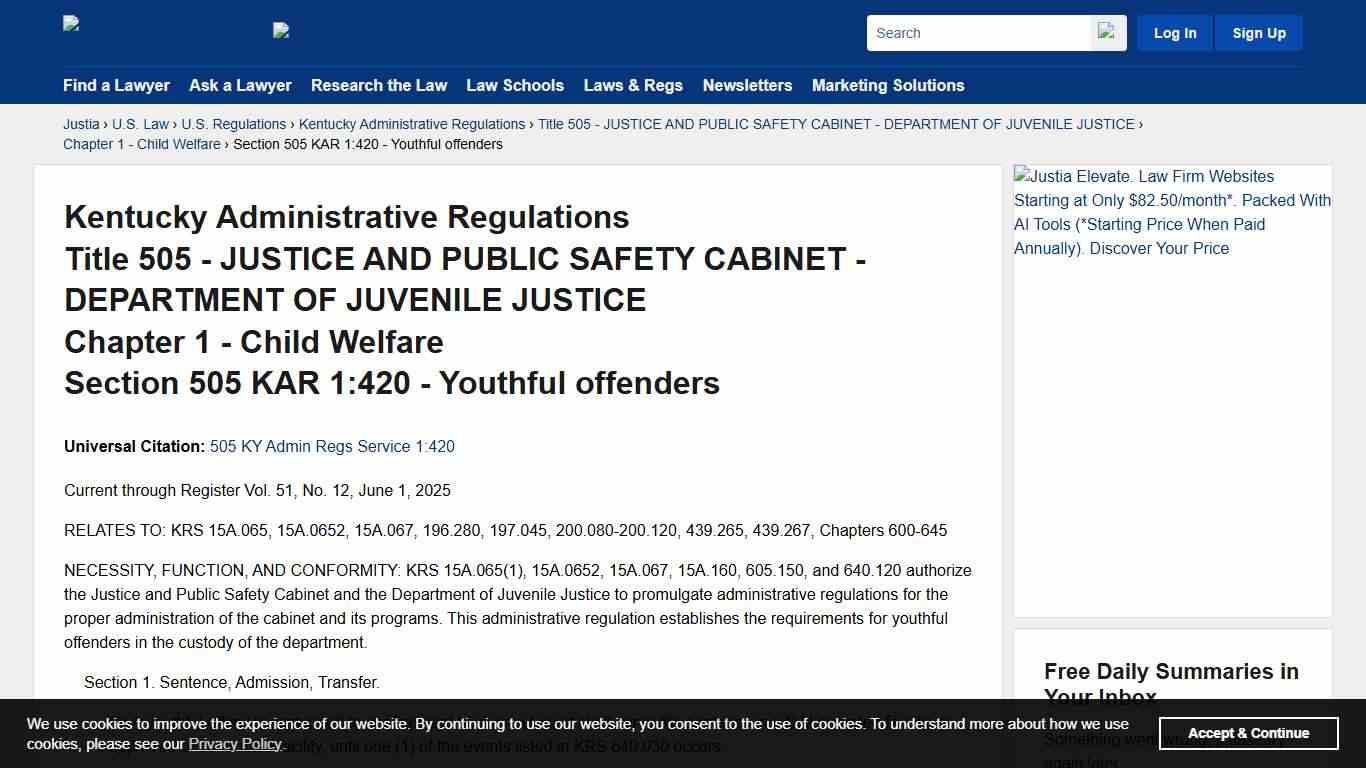 Kentucky Administrative Regulations, Chapter 1, Section 505 KAR 1:420 - Youthful offenders Kentucky Administrative Regulations Justia